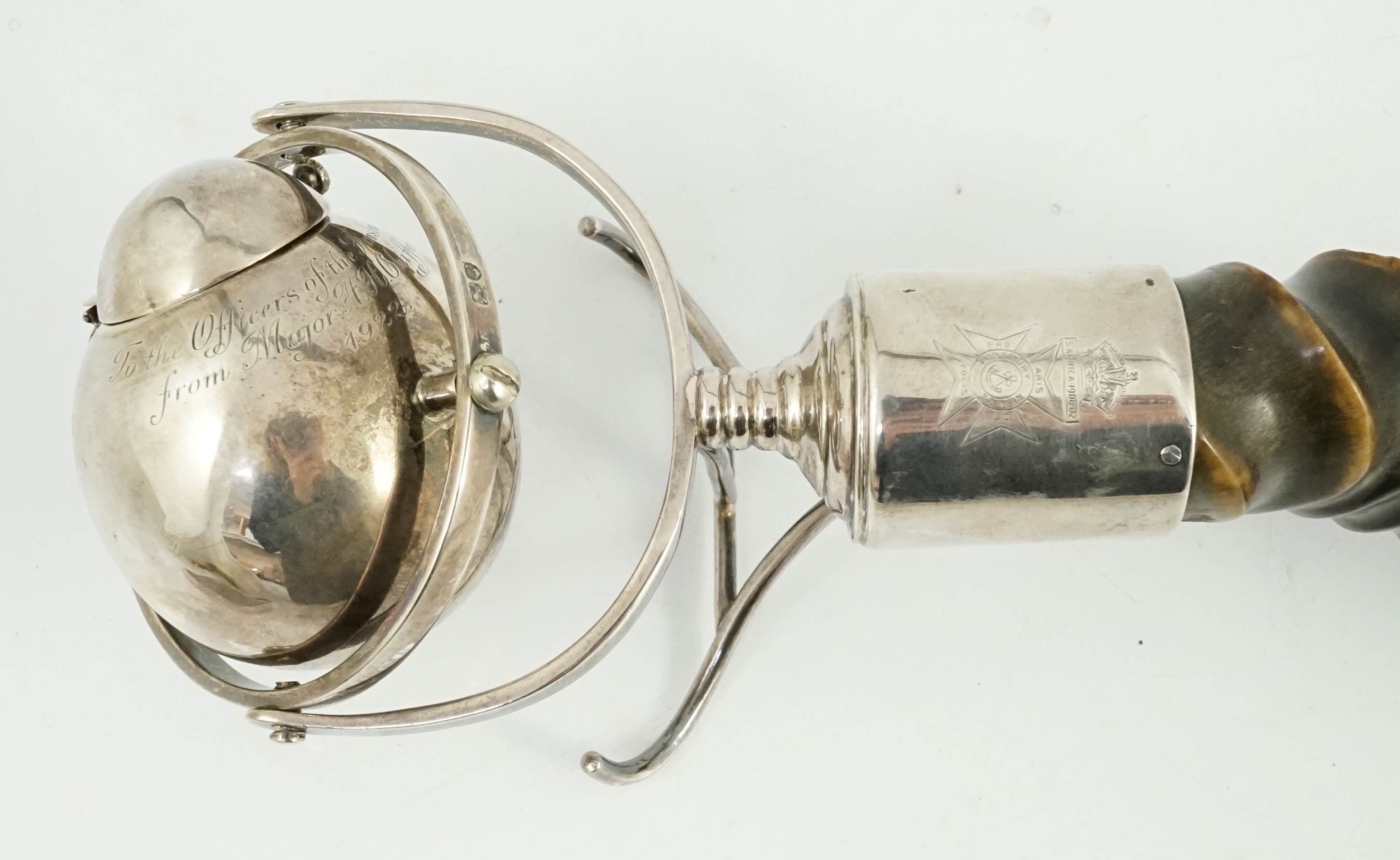 The Finsbury Rifles. An Edwardian silver and antler horn gimballed table lighter, retailed by Asprey & Co, London, 1907